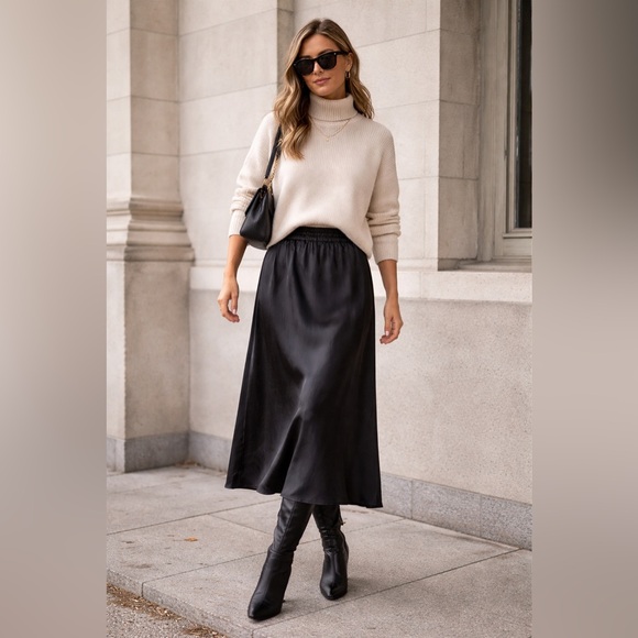 Lemer Dresses & Skirts - Vintage Lemer Silk Black Midi Skirt Elastic Waist Minimalist Slip Size M